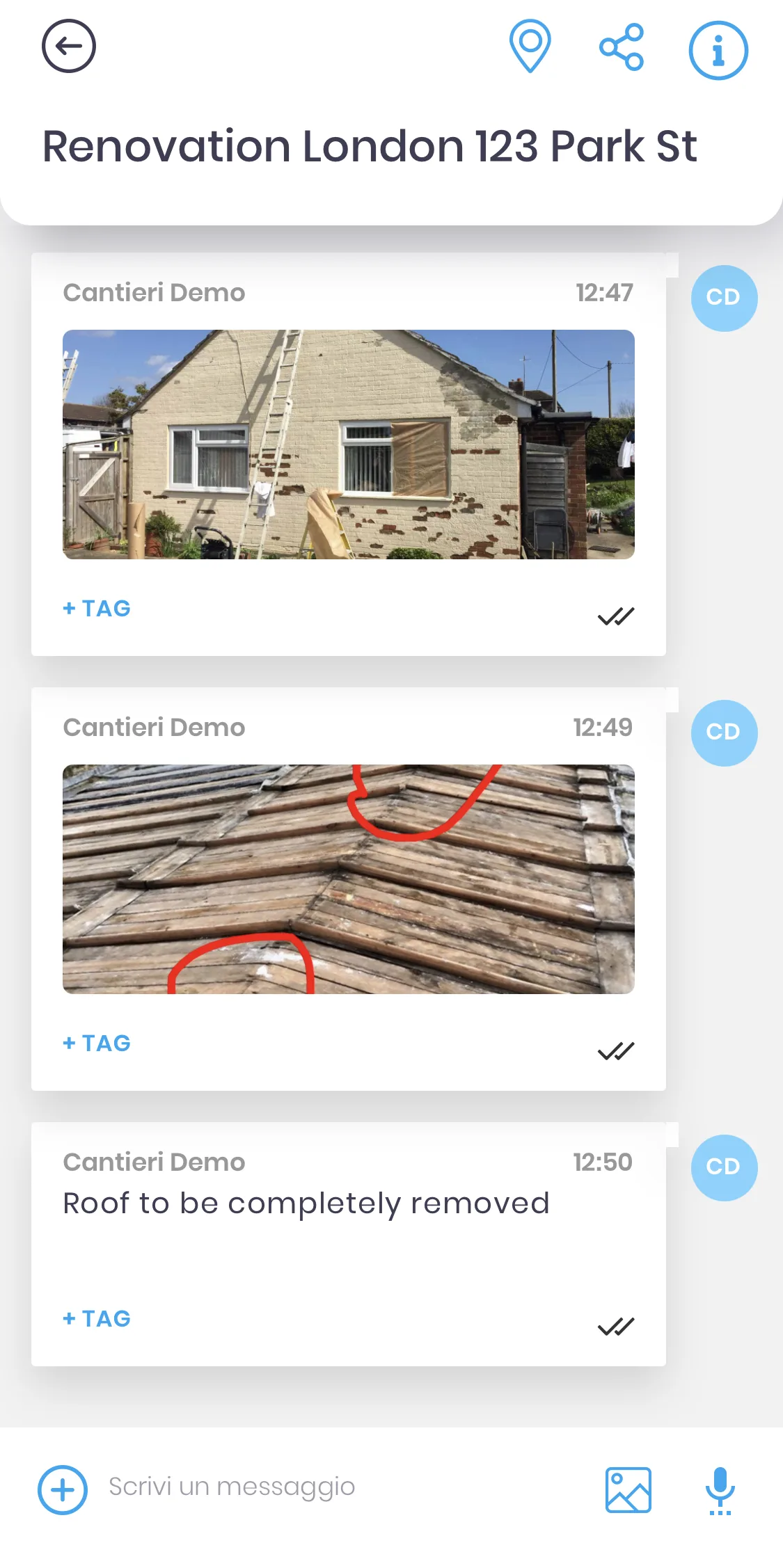 Track your projects with photos, videos, messages, and voice notes